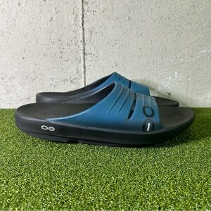 Oofos OOahh Black Blue Recovery Slide Sandals Women’s 9